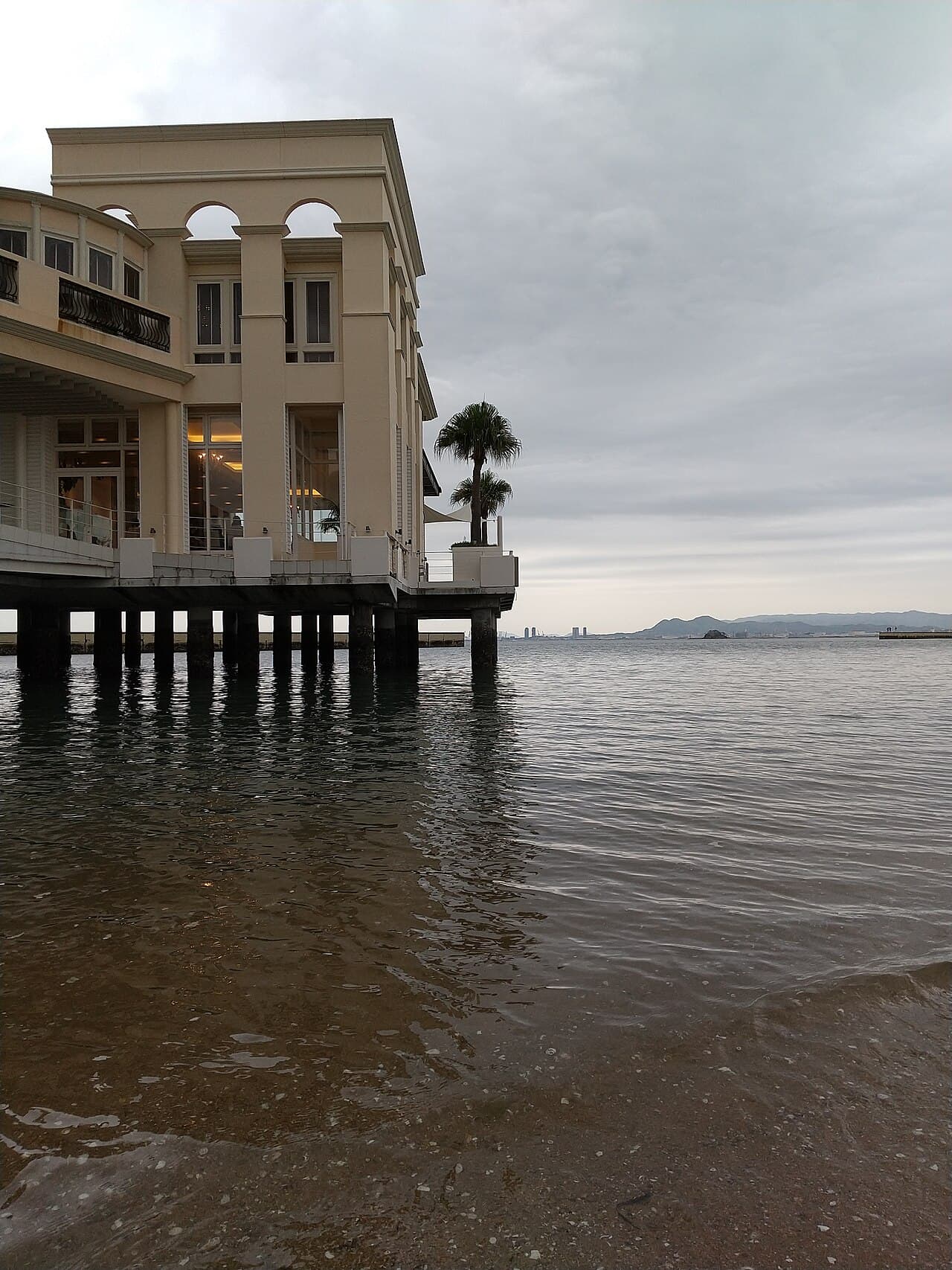 Waterfront buildings and Hakata Bay seen from Seaside Momochi in Fukuoka.